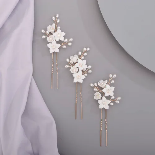 Miniatura 2 de Horquillas para el cabello de flores de novia, hojas, para novia, mujeres, delicadas perlas, perlas, horquillas para el cabello para niñas, dorado