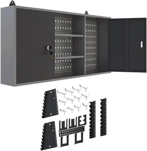 Miniatura 13 de JZD Gabinete de almacenamiento montado en la pared de acero, gabinetes de herramientas colgantes de metal, para taller de garaje, negro y gris
