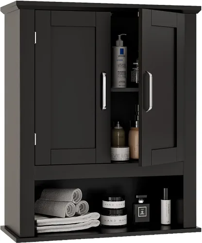 VINGLI Armario de pared de baño, botiquín negro con estante abierto y 2 puertas, organizador de almacenamiento ajustable para colgar sobre el