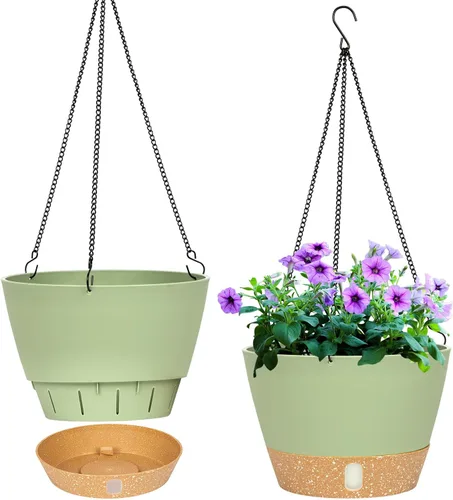 Miniatura 9 de QCQHDU Paquete de 2 macetas colgantes de 10 pulgadas para plantas de interior y exterior, cestas colgantes macetas de flores con bandeja de depósito
