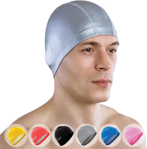 Gorro de natación de Spandex con capa protectora // Gorro de natación cómodo para mujeres, hombres, adultos y niños Plata - Tamaño adulto