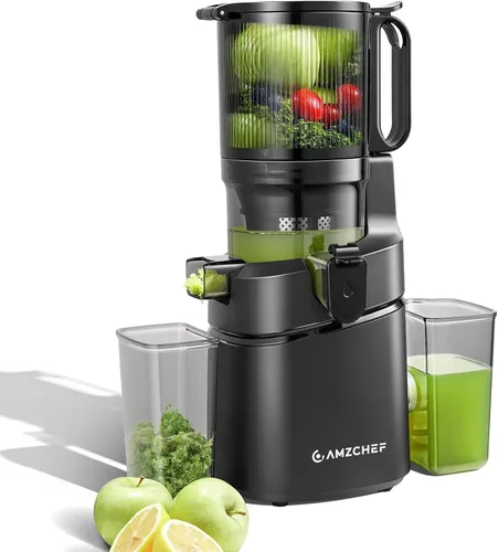 AMZCHEF Máquinas exprimidoras, exprimidor de prensa fría extra de 5.8 pulgadas para verduras y frutas enteras, máquina extractora de jugo con