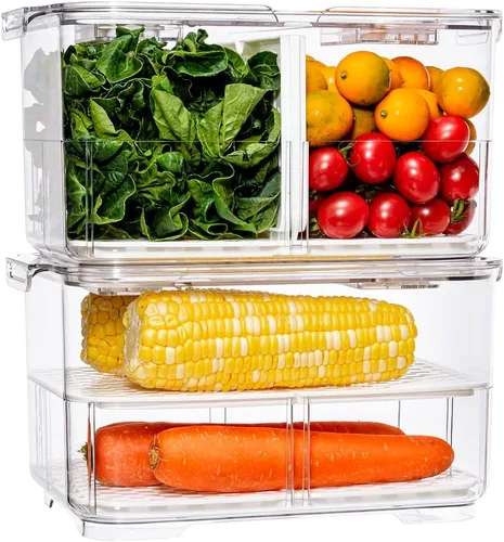 Miniatura 9 de SANNO Contenedores de almacenamiento de frutas y verduras, contenedores de almacenamiento de alimentos para refrigerador, organizador apilable