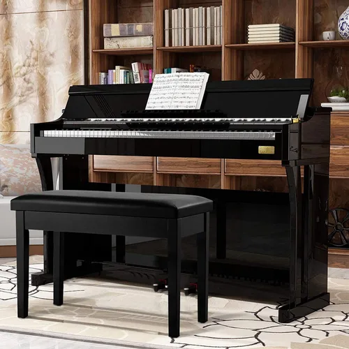 Miniatura 2 de GOFLAME Banco de piano dúo, negro, piel sintética, construcción de madera maciza, almacenamiento de música oculto, capacidad de carga de 360 libras
