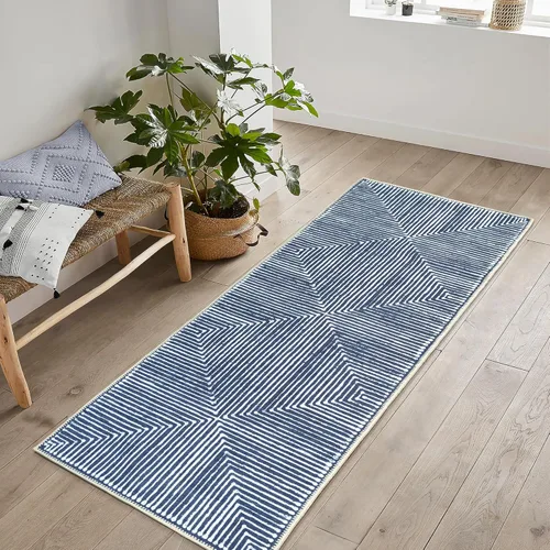 Bloom Rugs Alfombra lavable antideslizante de 7 pies – Alfombra a rayas azules para entrada, pasillo, baño y cocina, tamaño exacto: 2.5 x 7 pies