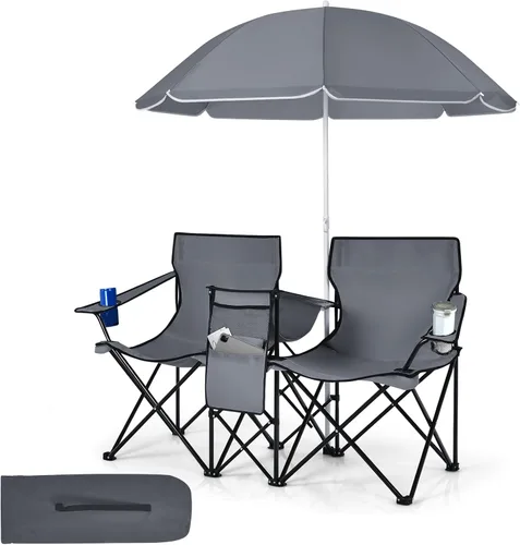 Miniatura 9 de Tangkula Sillas de campamento dobles con paraguas, silla de campamento plegable portátil de 2 asientos con bolsa enfriadora, soporte para bebidas