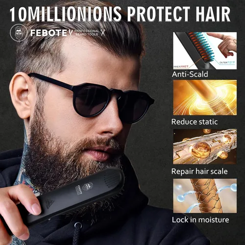 Miniatura 3 de Alisador de barba de lujo para hombres, cepillo iónico de barba calentado con LCD, 5 ajustes de temperatura, antiquemaduras, kit de alisador de pelo
