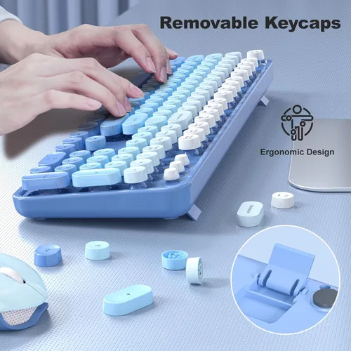 Miniatura 80 de KNOWSQT Combo de teclado y ratón inalámbrico, teclados lindos de tamaño completo estilo máquina de escribir 2.4G azul colorido - receptor USB Plug