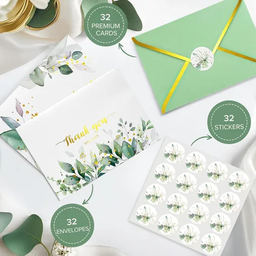 Miniatura 2 de Lujosas tarjetas de agradecimiento doradas con sobres, paquete de 32 tarjetas de eucalipto en blanco para todas las ocasiones, notas