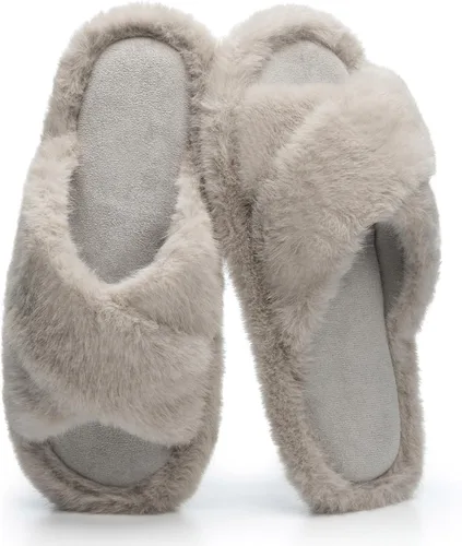 Miniatura 9 de Pantuflas mullidas para mujer, con banda cruzada, zapatos de casa para mujer, espuma viscoelástica, puntera abierta, silenciosas
