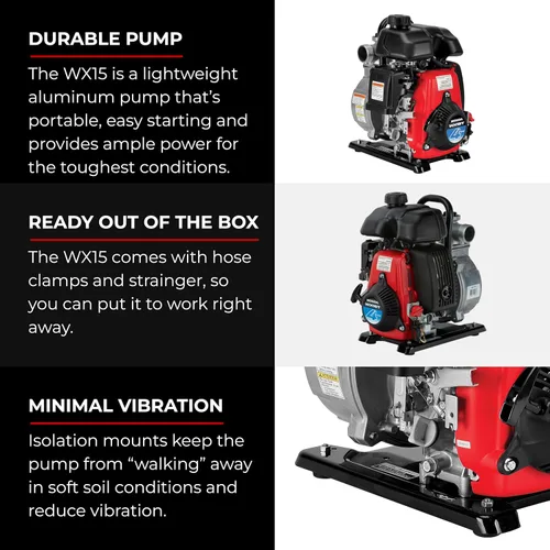 Miniatura 6 de Honda WX15 Bomba de agua de uso general de 1.5 pulgadas a gas para drenaje de piscinas, jardines, barcos y más, capacidad de 74 galones por minuto
