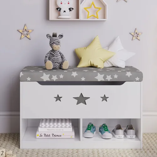 Sturdis Caja de juguetes para niños, color gris y blanco con asiento de banco de almacenamiento de cojines, baúl de almacenamiento de juguetes y