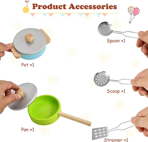 Miniatura 4 de Costzon Juego de cocina para niños, juego de cocina de juguete de madera con fregadero, horno, microondas, estufa, ollas, utensilios, cocina