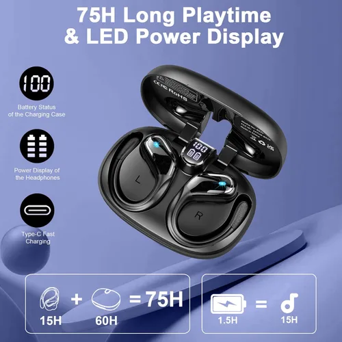 Miniatura 5 de Ltinist Auriculares inalámbricos, auriculares Bluetooth 5.4 deportivos de 75 horas, auriculares Bluetooth 2025, graves profundos sobre los oídos