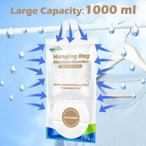 Miniatura 8 de ZSZMFH Paquete de 10 bolsas colgantes absorbentes de humedad, paquetes de humedad sin fragancia, bolsas deshumidificadoras de 15 onzas que atrapan