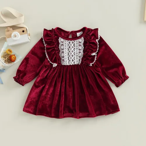 Miniatura 2 de Trajes de Navidad para niñas pequeñas, vestido de manga larga, falda vintage de encaje de una pieza, vestido de fiesta de terciopelo rojo, vestido