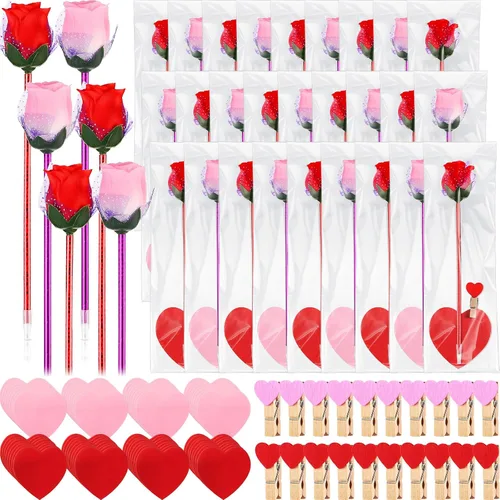 Miniatura 7 de Yexiya 48 juegos de bolígrafos de rosas para el día de San Valentín, regalos a granel con notas adhesivas, clips de corazón, bolsas de regalo
