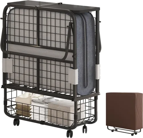 Miniatura 15 de Mjkone Cama plegable con colchón, cama rodante para adultos con cabecero y bolsa antipolvo, cama plegable portátil de 5 pulgadas para huéspedes