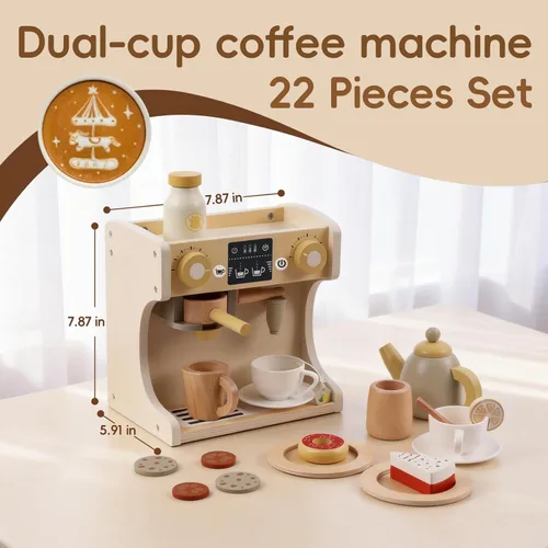 Miniatura 2 de Freniland Juego de cafetera de madera para niños pequeños, máquina de espresso de lujo con accesorios, juguete de cocina Montessori para niños a