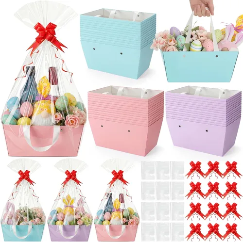 Miniatura 12 de Tuanse 30 Piezas Canasta para Regalo Vacía Kit de Cesta de Regalo DIY a Granel con Asa Bandeja de Cartón Kraft con 30 Bolsas 30 Lazos Bandeja