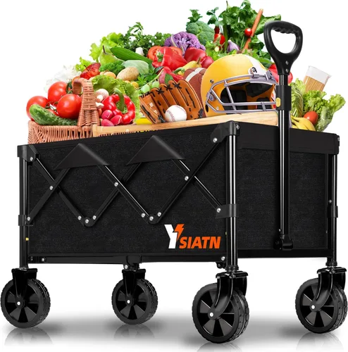 Miniatura 10 de Carrito de Vagón Plegable con Ruedas, Carrito de Vagón Plegable con Ruedas Todo Terreno, Carrito de Comestibles Grande con Ruedas, Vagones Black-6