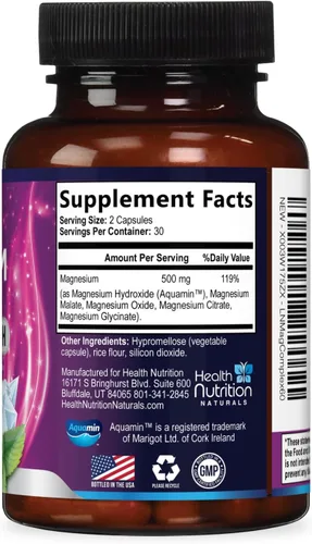 Miniatura 9 de Complejo de magnesio de 500 mg por porción – Cápsulas de polvo de magnesio de absorción máxima para músculos, nervios, huesos y corazón, complejo