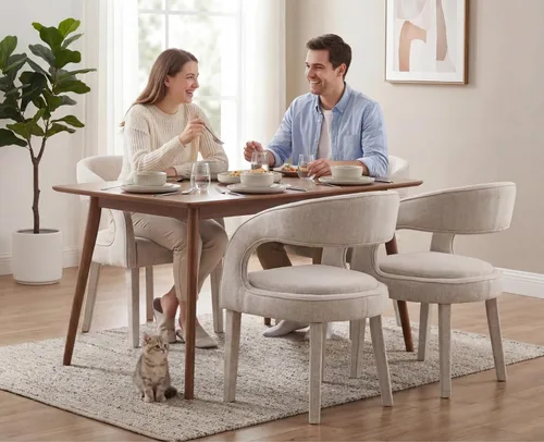 Miniatura 7 de Shunzhi Juego de 2 sillas de comedor modernas de barril, sillas tapizadas de lino para comedor con respaldo abierto, sillas de cocina, sillas