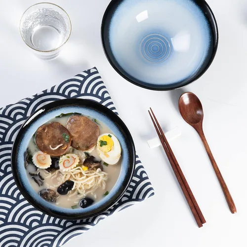 Miniatura 7 de Juego de cuencos de cerámica japoneses para ramen, 2 juegos de cuencos asiáticos para fideos para sopa Pho Udon con cucharas y palillos