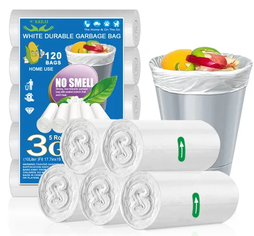 OKKEAI Bolsas de basura pequeñas de 3 galones, 120 unidades, color blanco, bolsas de basura pequeñas para baño, bolsas de basura de 10 litros para