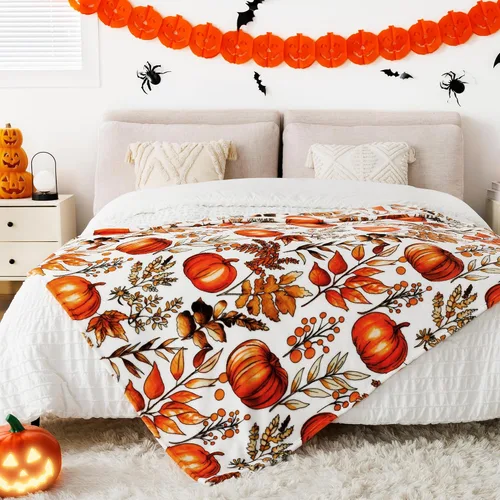 Miniatura 5 de ROMROL Manta de Halloween, manta de otoño, mullida, acogedora, suave, hojas de calabaza, manta de franela de felpa de forro polar, decoración