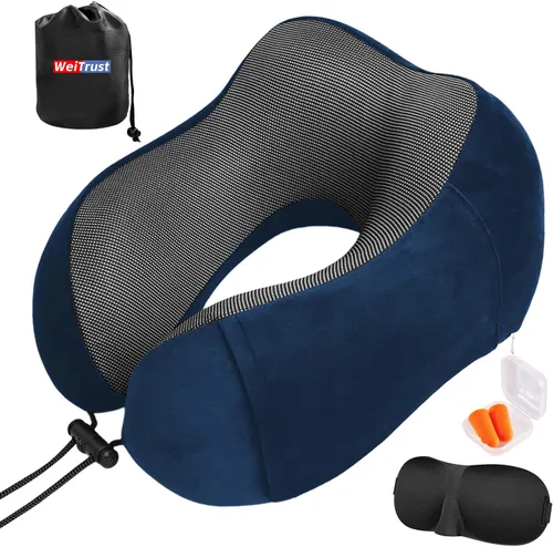 Miniatura 8 de Almohada de avión, almohada de cuello de viaje con espuma viscoelástica, hebilla ajustable y funda lavable a máquina para soporte de cuello en Negro