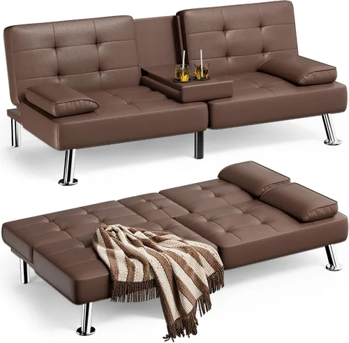 Miniatura 10 de Homall Sofá Cama Futón, Sofá Futón de Cuero con Reposabrazos Removibles, Sofá Cama Reclinable para Dormir Ajustable con Portavasos Dobles para Sala