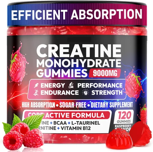 AEQNJV Gomitas de creatina monohidrato complejo 9000 mg, pre-entrenamiento para hombres y mujeres, gomita de creatina con L-taurina, BCAA 2:1, B12/6