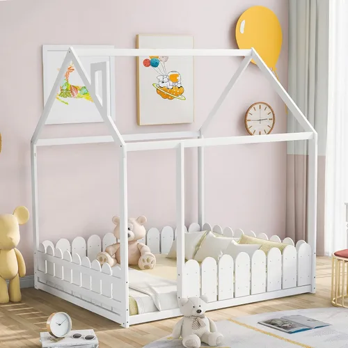 Miniatura 11 de Merax House Bed Twin Size Wood Bed Frame with Roof and Fence for Girls, Boys, Weight Capacity No Limit (Espresso)