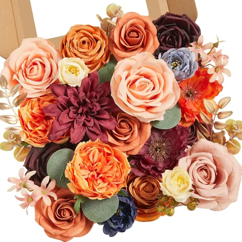 Miniatura 25 de Serwalin Flores de seda, flores artificiales burdeos para decoración de boda, rosas falsas rosas rosas y rojas con tallos y caja de vegetación, A