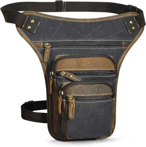 Handadsume Riñonera de lona resistente al agua + cuero para motocicleta, riñonera, bolsa de pierna para muslo, para hombres y mujeres, FB913-5