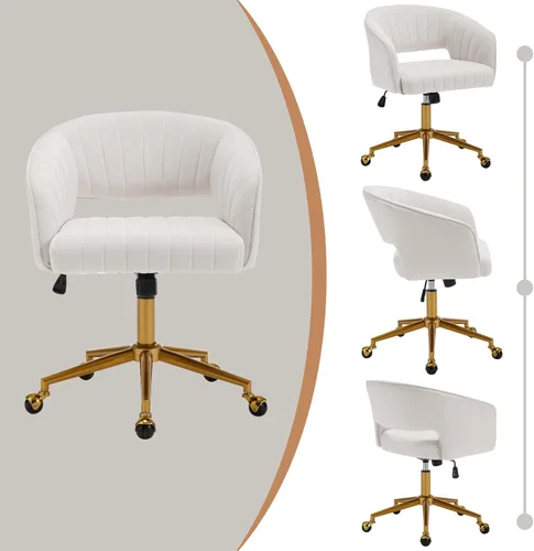 Miniatura 9 de Westice Sillas de escritorio de oficina en casa, moderna silla rodante de terciopelo, silla giratoria de altura ajustable con base dorada, silla