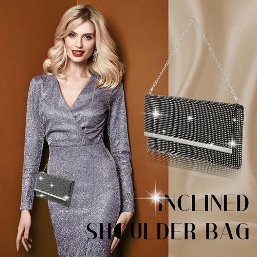 Miniatura 7 de Tessco Bolso de noche para mujer con purpurina para mujer, para noche, boda, fiesta, graduación, bolso de diamantes de imitación con cadena