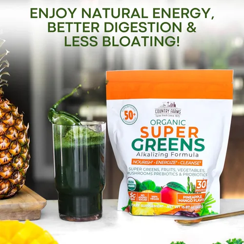 Miniatura 3 de Country Farms Super Greens Sabor piña y mango, 50 súper alimentos orgánicos, mezcla de bebida orgánica USDA (pasto de trigo, espirulina, clorella)