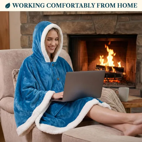 Miniatura 7 de PAVILIA Hooded Blanket Poncho for Women, Sherpa Shawl Wrap with Hood, Cozy Warm Wearable Throw with Pockets, Gift for Mom Azul marino