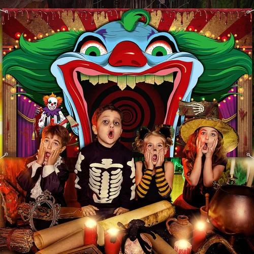 Miniatura 5 de Decoraciones de payaso de Halloween, telón de fondo de carnaval, pancarta de Halloween, payaso espeluznante, fotografía de fondo para terror, circo
