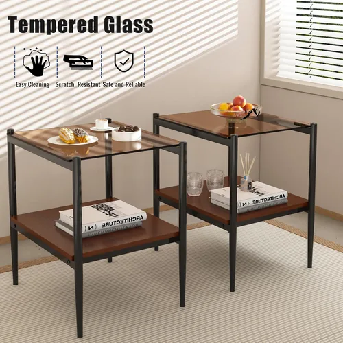 Miniatura 6 de Juego de 3 mesas auxiliares y mesas auxiliares de cristal moderno, juego de mesas de sala de estar con capa de madera de nogal, parte superior