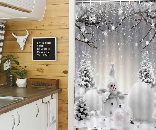 Miniatura 3 de Cortina de ducha de Navidad con muñeco de nieve para caravana y RV, cortina de baño para remolque de viaje, gris, copos de nieve de invierno, juego