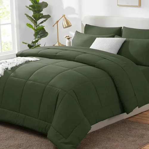 CozyLux Juego de edredón tamaño King, color verde oliva, 7 piezas en una bolsa, edredón verde tamaño King, juegos de ropa de cama para todas las