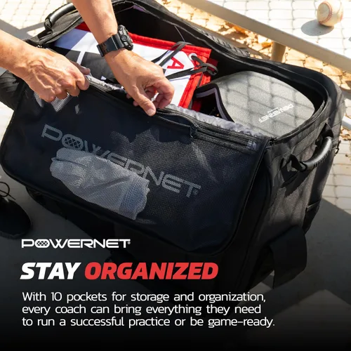Miniatura 6 de PowerNet Bolsa de cubo con ruedas, capacidad para 2 cubos de pelotas de béisbol y sóftbol de 6 galones, bolsillos de almacenamiento para bate