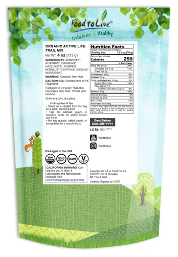 Miniatura 2 de Organic Active Life Trail Mix, 4 onzas, mezcla de aperitivos crudos y sin OMG que contiene anacardos, semillas de calabaza, albaricoques, avellanas