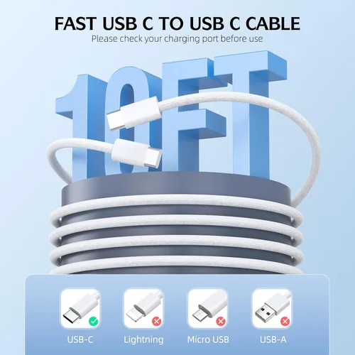 Miniatura 5 de Cargador de carga rápida para iPhone 17 16 15, paquete de 2 cables tejidos USB C de 10 pies de largo con bloque de carga rápida USBC de 20 W