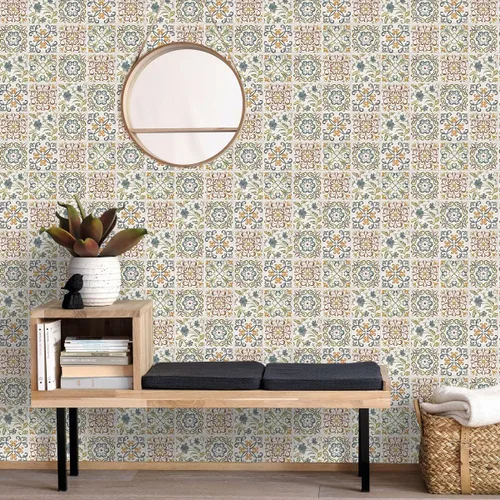 Miniatura 9 de Wudnaye Papel tapiz bohemio para despegar y pegar, papel de contacto de azulejos de imitación de 17 x 118 pulgadas, patrón de azulejos, extraíble