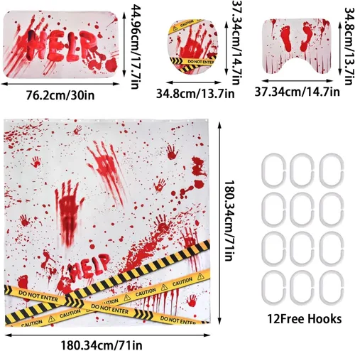 Miniatura 2 de Juego de 4 cortinas de ducha de Halloween, juego de baño impermeable de Halloween con alfombras antideslizantes, cubierta para tapa de inodoro