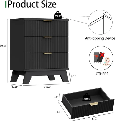 Miniatura 2 de Cómoda acanalada para dormitorio con 3 cajones, cómoda moderna de 24 pulgadas de ancho con mango de metal, soporte de TV de madera, armario de Negro